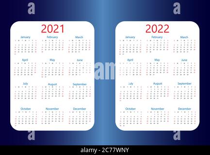 2021, 2022 Kalender, Woche beginnt Sonntag. Vektorgrafik, flache Ausführung. Stock Vektor