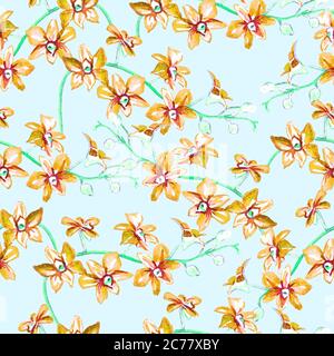 Gelbe Orchideen Blumen handbemalt Aquarell Illustration, nahtlose Muster-Design auf weichem blauen Hintergrund Stockfoto