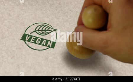 Vegane Stempel und Stempelhand. Lebensstil, Ökologie, Bio, Bio-Lebensmittel, vegetarische und natürliche gesunde Ernährung Konzept. Stockfoto