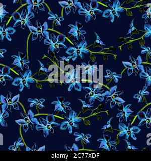 Blaue Orchideen Blumen handbemalt Aquarell Illustration, nahtlose Muster-Design auf schwarzem Hintergrund Stockfoto