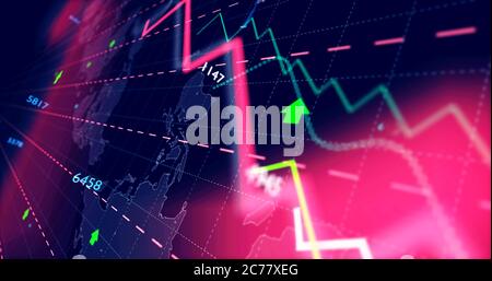 Grafik mit Weltkarte im Hintergrund nahtlose und endlos wiederholbare 3d-Illustration. Diagramm für Wachstumsschleife. Globales Geschäft, Börse, steigende Märkte, Finanzwesen Stockfoto