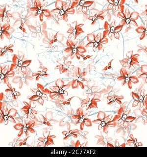 Rote Orchideen Blumen handbemalt Aquarell Illustration, nahtlose Muster-Design auf weißem Hintergrund Stockfoto