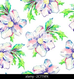 Weiße Pfingstrose Blume mit grünen Blättern, nahtlose Muster-Design, handbemalte Aquarell-Illustration, weißer Hintergrund Stockfoto