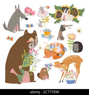 Cartoon-Set mit niedlichen Tieren mit Blumenstrauß Stock Vektor