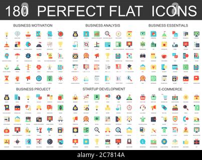 180 moderne flache Icons Set von Business-Analyse und Motivation, Essentials, Startup-Entwicklung, E-Commerce und Finanzen Projekt-Icons Stock Vektor