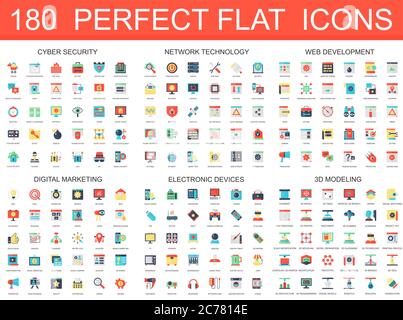 180 moderne flache Icons Set von Cyber-Sicherheit, Netzwerktechnologie, Web-Entwicklung, digitales Marketing, elektronische Geräte, 3d-Modellierung Symbole Stock Vektor