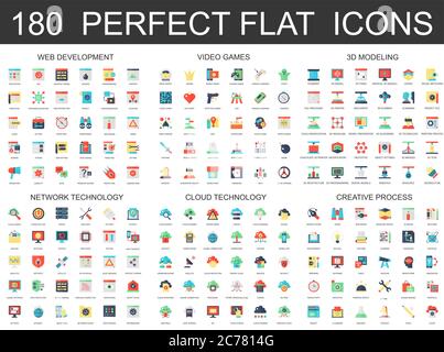 180 moderne flache Icons Set von Web-Entwicklung, Videospiele, 3d-Modellierung, Netzwerk-Cloud-Technologie, kreative Prozess-Icons Stock Vektor