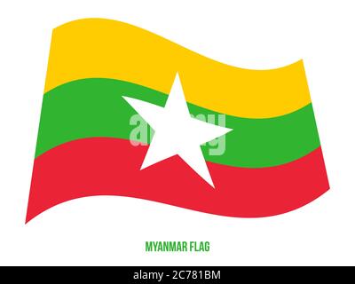 Myanmar Flagge schwenkten Vector Illustration auf weißem Hintergrund. Myanmar Nationalflagge. Stock Vektor