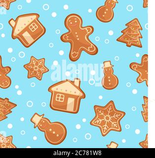 Weihnachten Lebkuchen nahtlose Muster. Ingwer-Kekse auf blauem Hintergrund. Vektorgrafik. Cute Xmas Hintergrund für Tapete, Geschenkpapier, Musterfüllungen, Textil, Grußkarten Stock Vektor