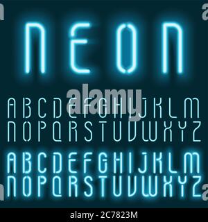 Neon blau Licht Alphabet Vektor-Schriftart. Leuchtender Texteffekt. Neonröhren Buchstaben auf dem dunkelblauen Hintergrund Stock Vektor