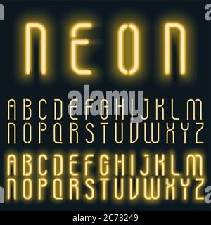 Neon golden gelb Licht Alphabet Vektor-Schriftart. Leuchtender Texteffekt. Neonröhren Buchstaben auf dem dunklen Hintergrund Stock Vektor