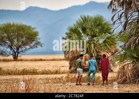 Wandersafari mit Masai Warrior, Lake Manyara Nationalpark, Tansania, Afrika Stockfoto