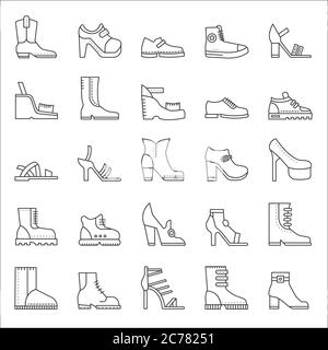 Schuhe Schuhe Schuhe Umriss Linie Schlaganfall Symbole Set Stock Vektor
