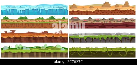 Nahtlose Cartoon Vektor Landschaft Bodenelemente Set. Erdgeschosskollektion für Spiel Interface Design Stock Vektor