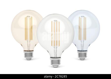 Drei LED-Glühlampen mit unterschiedlicher Lichtfarbtemperatur Stockfoto