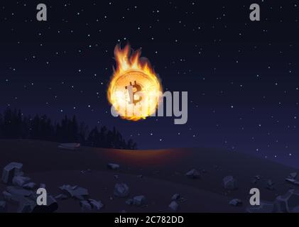 Vektor-Illustration von Bitcoin im Feuer fällt auf den Boden in der Nacht Stock Vektor