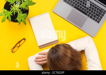 Müde junge Frau Büroangestellte legte ihren Kopf auf den Schreibtisch. Burnout-Konzept für Büromitarbeiter. Arbeiten oder Ausbildung von zu Hause aus, oben, mit Stockfoto