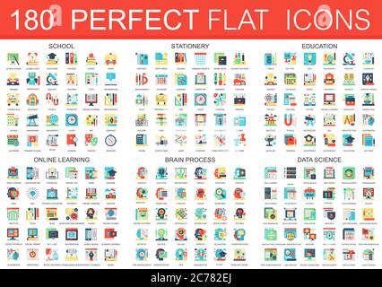 180 Vektor komplexe flache Symbole Konzept Symbole der Schule, Schreibwaren, Bildung, Online-Lernen, Gehirn-Prozess, Data Science Symbole. Web-Infografik Icon Design Stock Vektor