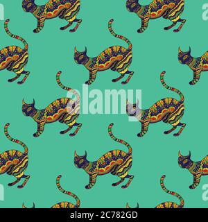 Nahtloses Muster mit ornamentaler psychedelischer Katze, Stock Vektor