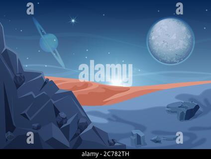 Fantasy außerirdische Landschaft, ein weiterer Planet Natur mit Felsen und Planeten am Himmel. Game Design Vektor Galaxie Raum Hintergrund Stock Vektor