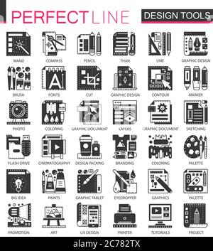 Vektor-Design-Schnittstelle Werkzeuge schwarz Mini-Konzept-Symbole und Infografik-Symbole Stock Vektor