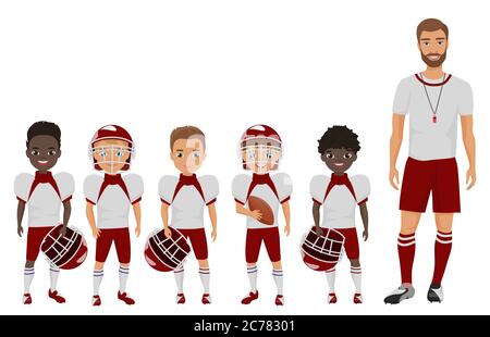 Vektor Cartoon flache Schule american Football Jungen Team stehen mit ihrem Trainer Trainer Stock Vektor