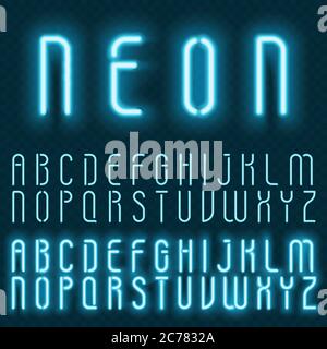 Realistische Vektor Neon Alphabet. Hell leuchtende Buchstaben Schrift auf dem transperanten Hintergrund Stock Vektor