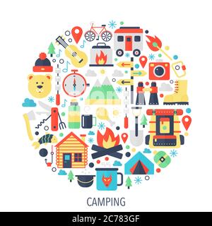 Camping flache Infografiken Symbole im Kreis - Farbe Konzept Illustration für Camping Berge Abdeckung, Emblem, Vorlage Stock Vektor