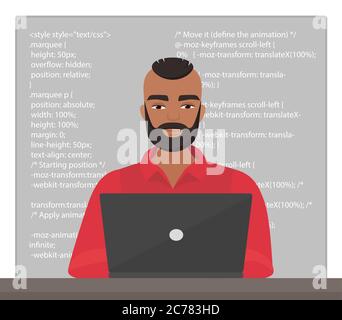 Vector stilvolle schwarze Mann Programmierer sitzen am Desktop und arbeiten auf dem Laptop mit Code. Professionelle Zeichen Freiberufler Codierung Stock Vektor