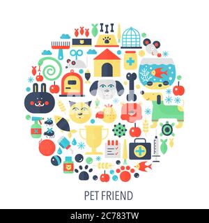 PET friend flach Infografiken Symbole im Kreis - Farbe Konzept Illustration für PET Store Cover, Emblem, Vorlage Stock Vektor