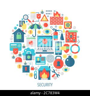 Sicherheit flache Infografiken Symbole im Kreis - Farbe Konzept Illustration für Sicherheitsabdeckung, Emblem, Vorlage Stock Vektor