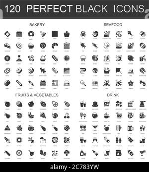 Bäckerei, Meeresfrüchte, Obst und Gemüse, Getränke schwarz Mini-Konzept Symbole. Modernes Vektorsymbol Piktogramm Stock Vektor