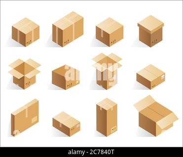 Isometrische realistische Karton-Lieferboxen. Geöffnete, geschlossene Logistikbox Stock Vektor