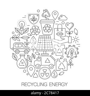 Recycling von Energie im Kreis - Konzept Liniendarstellung für Deckel, Emblem, Abzeichen. Recycling grüne Energie dünne Linie Schlaganfall Symbole. Stock Vektor