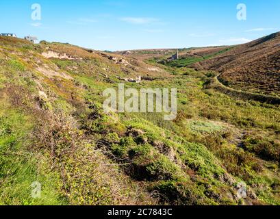 Cornish Bergbaulandschaft im Tal oberhalb von Chapel Porth, Cornwall, England, Großbritannien. Old Century Tin Works und Charlotte United Motorenhaus sind sichtbar. Stockfoto