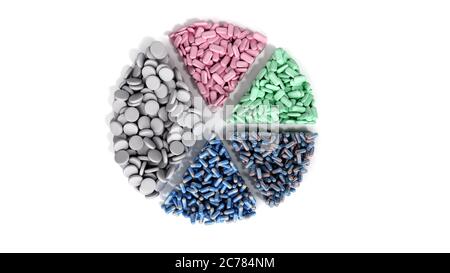 Medizinische Pillen in Form von Abschnitten eines Kreisdiagramms Nahrungsergänzungsmittel Konzept 3d Rendern auf weiß Stockfoto