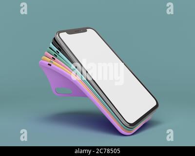 Mehrfarbige Band Handy Hüllen Präsentation für Schaufenster 3d-Rendering auf farbigem Hintergrund Stockfoto