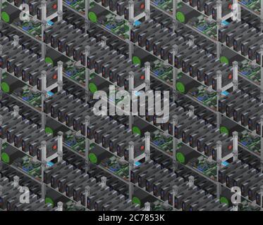 Isometrischer Vektor Krypto Währung Bergbau Farmen nahtloses Muster Stock Vektor