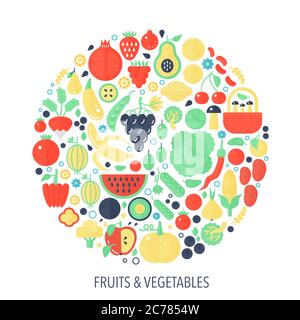 Obst Gemüse flache Infografiken Symbole im Kreis - Farbe Konzept Illustration für Gemüse Cover, Emblem, Vorlage Stock Vektor