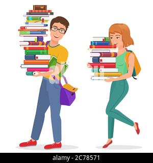 Vektor Wissen Bildung Illustration mit Kerl und Mädchen Studenten tragen große Stapel von Büchern. Mann Frau Student mit Büchern Stock Vektor