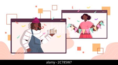 Mann Frau in festlichen Hüten feiert online Geburtstag Party afroamerikanischem Paar in Computer-Fenster mit Spaß Feier selbst Isolation virtuelle Sitzung Konzept Porträt horizontale Vektor Illustration Stock Vektor