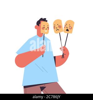 Mann hält Masken mit verschiedenen Emotionen gefälschte Gefühl Depression psychische Störung Ändern natürliche Persönlichkeit Konzept Porträt Vektor Illustration Stock Vektor