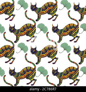 Nahtloses Muster mit ornamentaler psychedelischer Katze, Stock Vektor