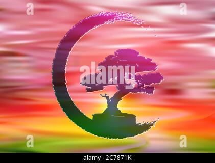 Japanische Bonsai-Baum-Logo, Pflanze Silhouette Symbole, Baum des Lebens Silhouette des roten Sonnenuntergangs Himmel Hintergrund. Detailbild. Bio Natur buntes Konzept Stock Vektor