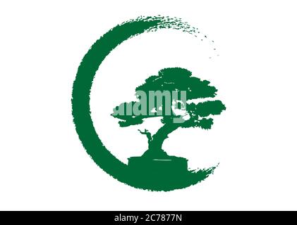 Japanischer Bonsai-Baum-Logo, Pflanze Silhouette Symbole auf weißem Hintergrund, grüne Ökologie Silhouette von Bonsai. Detailbild. Bio Natur Konzept isoliert Stock Vektor