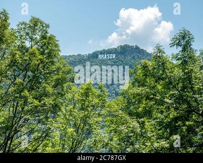 Brasov geschrieben mit großen Buchstaben auf dem Berg Tampa. Stockfoto