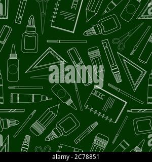 Schule Hintergrund. Schulbedarf. Bleistift, Lineal und andere Schreibwaren. Grünes Muster. Stock Vektor