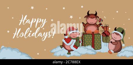 Weihnachtskarten. Jahr des Stiers 2021. Bastelpapier. Frohe Feiertage Stock Vektor