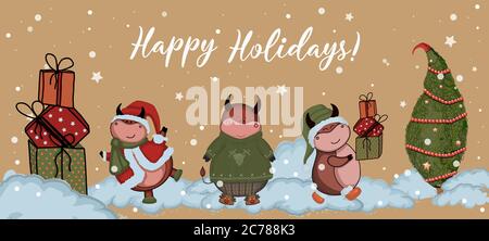 Weihnachtskarten. Jahr des Stiers 2021. Bastelpapier. Frohe Feiertage Stock Vektor