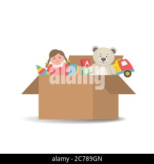 Kinderspielzeug in einem Karton. Auf dem Bild ist eine Puppe, ein Teddybär, ein LKW, eine Kugel, Würfel und eine Pyramide. Vektorgrafik Stock Vektor